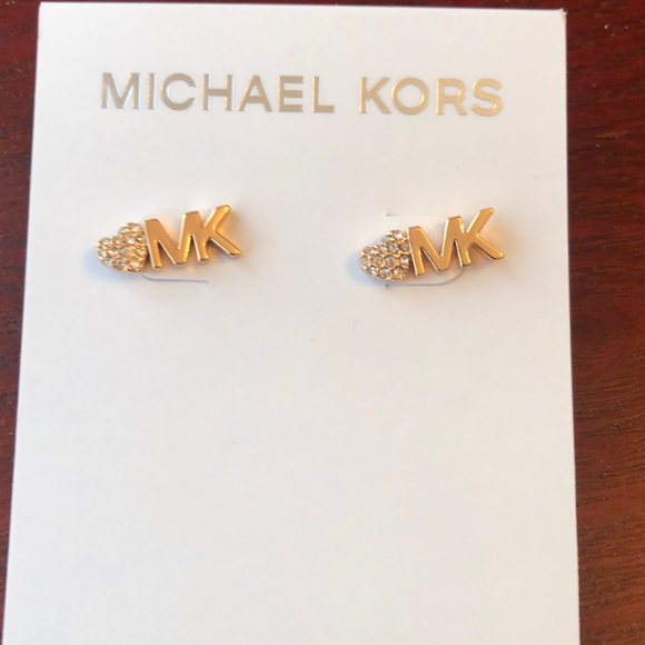Michael Kors Rose Gold Plated Over Brass MK & Heart Stud Earrings Crystal NWT - Picture 1 of 12